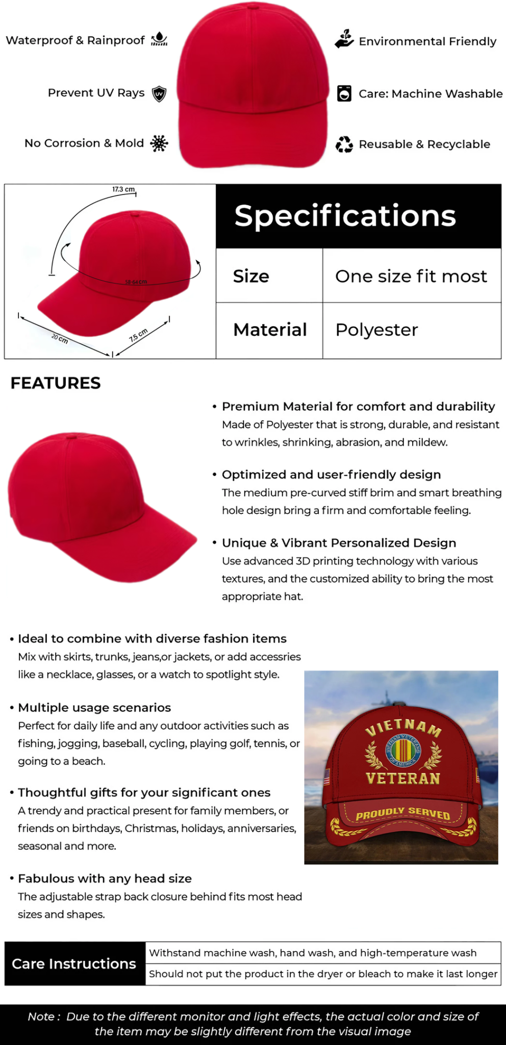 Personalized name 3d printed vietnam veteran cap blood sweat and tears