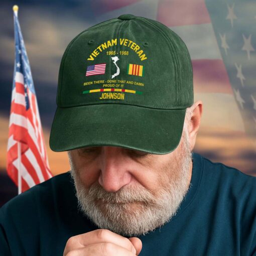 Personalized Distressed Washed Cotton Vietnam Veteran Printed Hat QFTD5210301 - Image 2