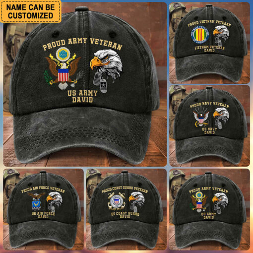 Custom Distressed Washed Cotton US Veterans Printed Hat, Gift for Veterans UKTO5020401