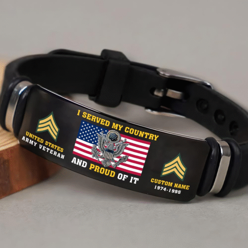 Personalized US Army Veteran Bracelet – Custom Name, Rank & Service Years Gift for Military Retired Men MQTZ5070509 - Image 2