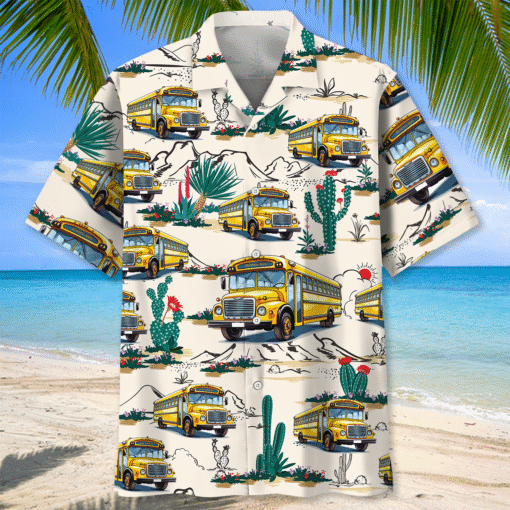 School Bus Driver Hawaiian Shirt – Fun Summer Shirt for Bus Drivers, Tropical Cactus Print, Beach Vacation Gift MQNT5280553 - Image 2