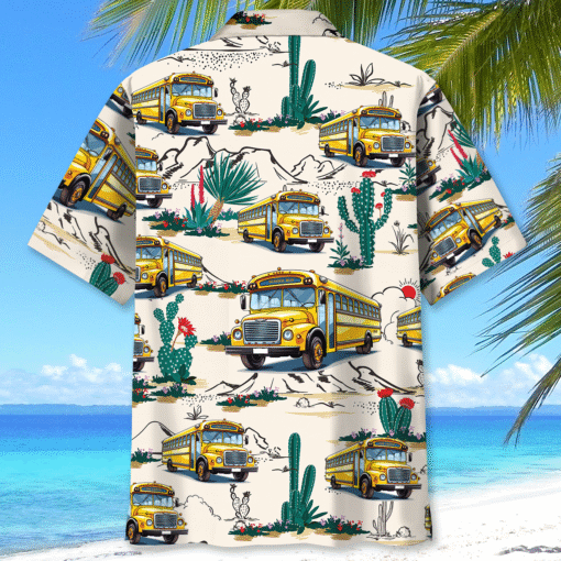 School Bus Driver Hawaiian Shirt – Fun Summer Shirt for Bus Drivers, Tropical Cactus Print, Beach Vacation Gift MQNT5280553 - Image 3
