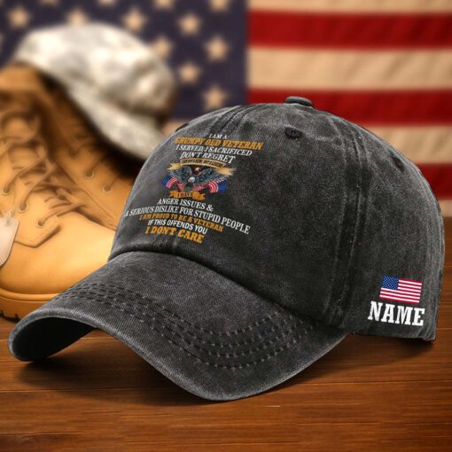 Personalized I Am A Grumpy Old Veteran Distressed Washed Cotton Printed Hat QFTD5070602 - Image 6