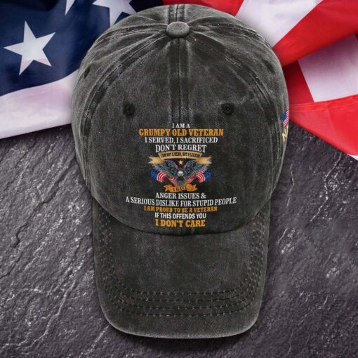 Personalized I Am A Grumpy Old Veteran Distressed Washed Cotton Printed Hat QFTD5070602 - Image 4