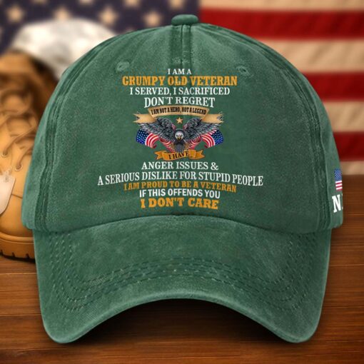 Personalized I Am A Grumpy Old Veteran Distressed Washed Cotton Printed Hat QFTD5070602 - Image 3