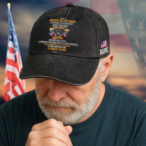 Personalized I Am A Grumpy Old Veteran Distressed Washed Cotton Printed Hat QFTD5070602 - Image 2