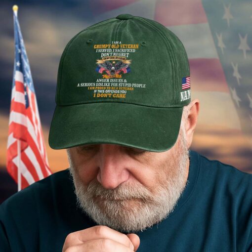 Personalized I Am A Grumpy Old Veteran Distressed Washed Cotton Printed Hat QFTD5070602 - Image 7