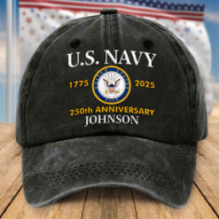 Custom US Navy 250th Anniversary Distressed Washed Cotton Printed Hat, Gift For Veterans UKHA5080702